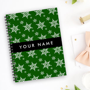 White Snowflakes, Green, Your name, Personalise Notebook