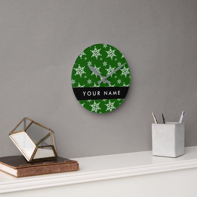 White Snowflakes, Green, Your name, Personalise Round Clock (Office)