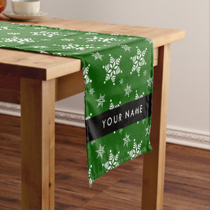 White Snowflakes, Green, Your name, Personalise Short Table Runner