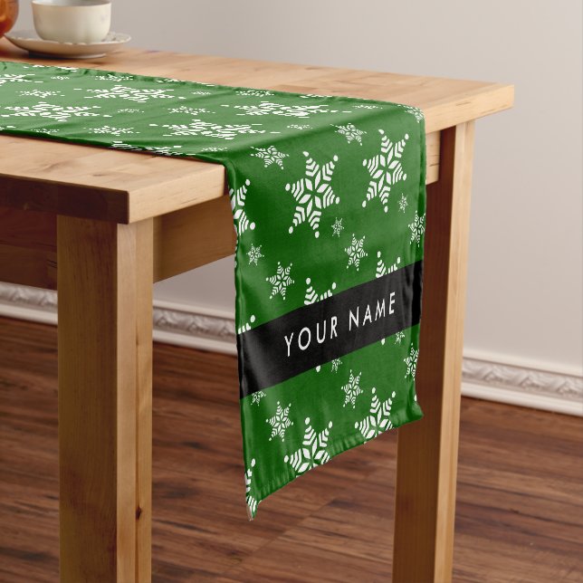White Snowflakes, Green, Your name, Personalise Short Table Runner (In Situ)