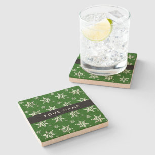White Snowflakes, Green, Your name, Personalise Stone Coaster