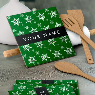 White Snowflakes, Green, Your name, Personalise Tile