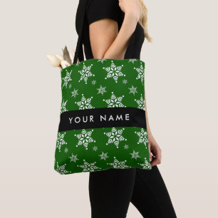 White Snowflakes, Green, Your name, Personalise Tote Bag
