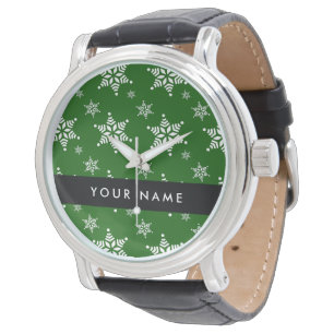 White Snowflakes, Green, Your name, Personalise Watch