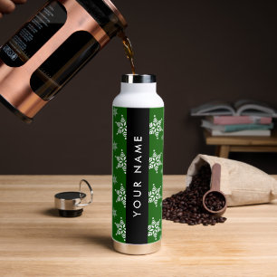 White Snowflakes, Green, Your name, Personalise Water Bottle
