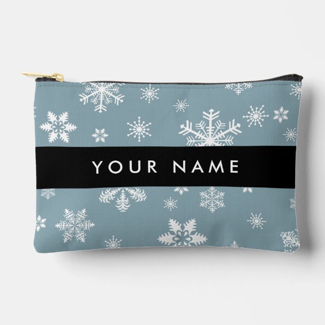 White Snowflakes, Grey, Your name, Personalise Accessory Pouch (Front)
