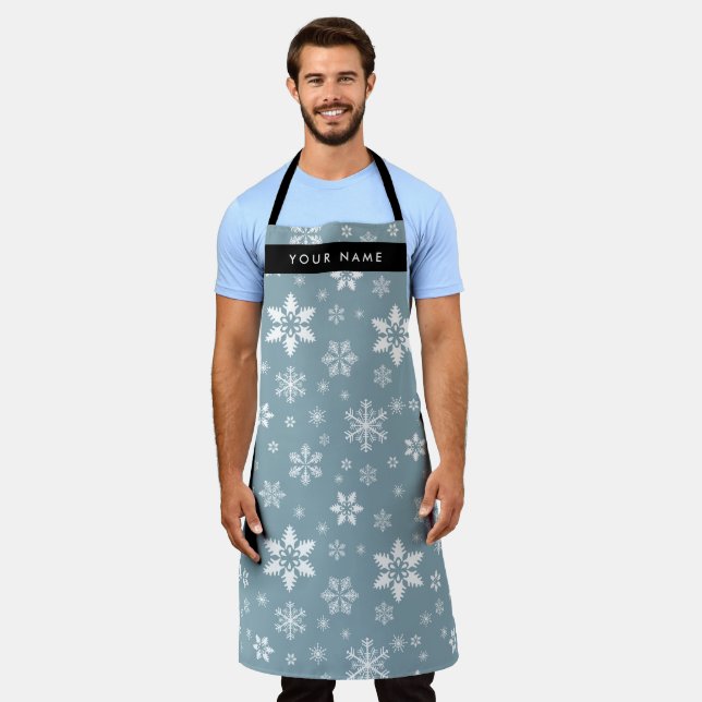 White Snowflakes, Grey, Your name, Personalise Apron (Worn)
