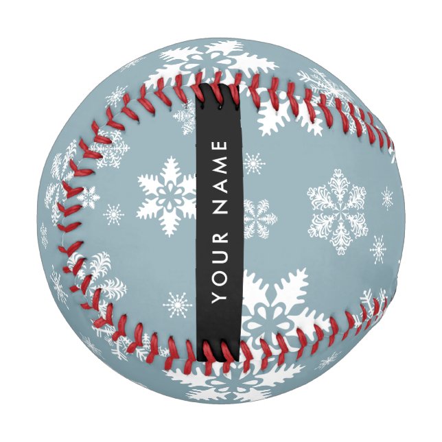 White Snowflakes, Grey, Your name, Personalise Baseball (Front Left)