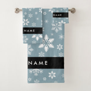 White Snowflakes, Grey, Your name, Personalise Bath Towel Set