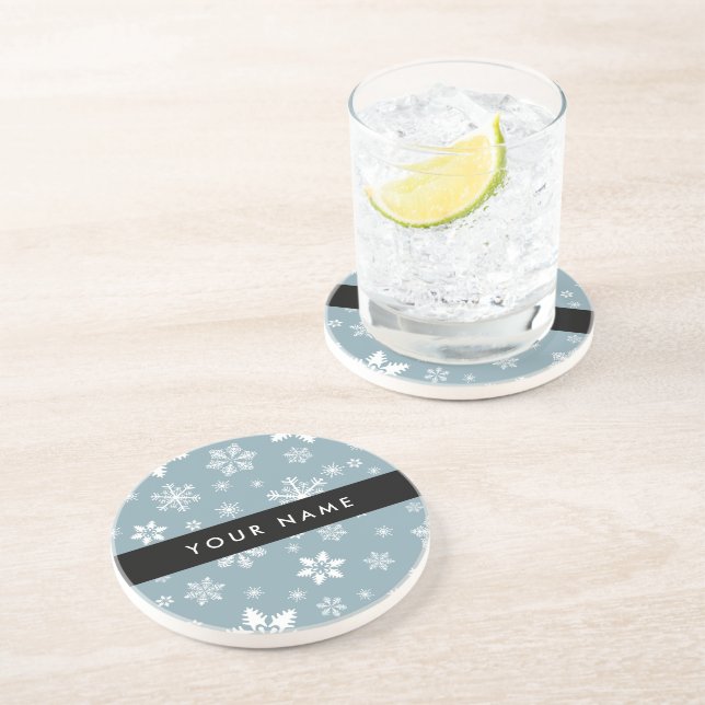 White Snowflakes, Grey, Your name, Personalise Coaster (Side)