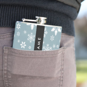 White Snowflakes, Grey, Your name, Personalise Hip Flask