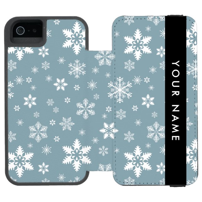 White Snowflakes, Grey, Your name, Personalise Incipio iPhone Wallet Case (Folio Open)