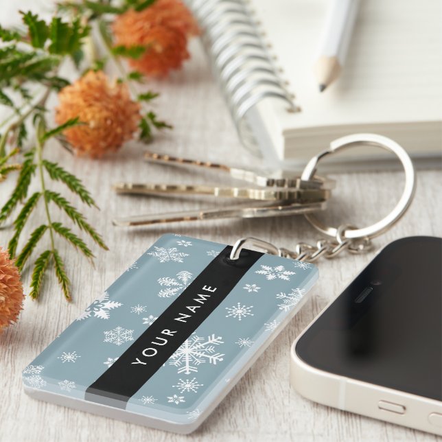 White Snowflakes, Grey, Your name, Personalise Key Ring (Front Right)