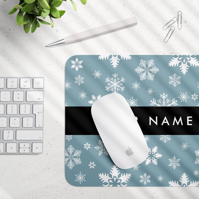 White Snowflakes, Grey, Your name, Personalise Mouse Pad (Creator Uploaded)