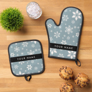 White Snowflakes, Grey, Your name, Personalise Oven Mitt & Pot Holder Set