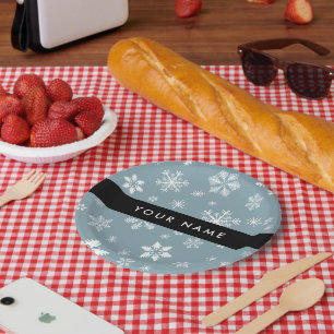 White Snowflakes, Grey, Your name, Personalise Paper Plate