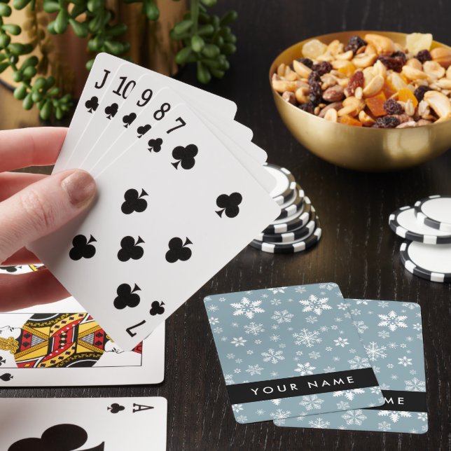 White Snowflakes, Grey, Your name, Personalise Playing Cards (In Situ)