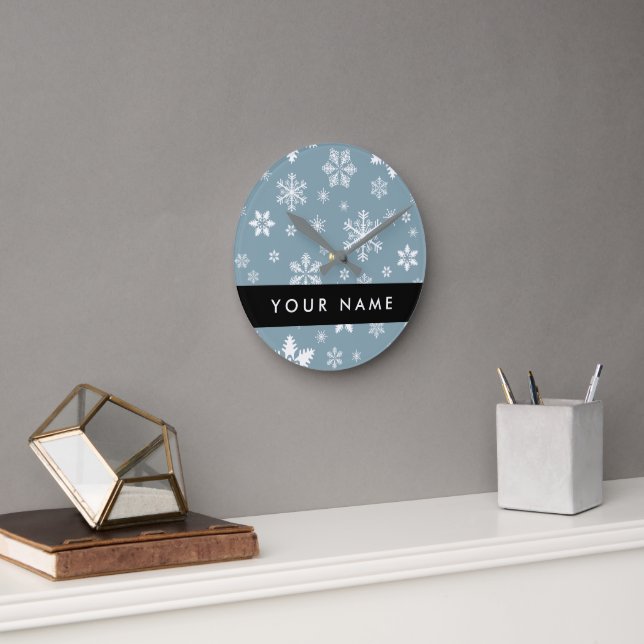 White Snowflakes, Grey, Your name, Personalise Round Clock (Office)
