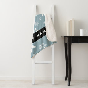 White Snowflakes, Grey, Your name, Personalise Sherpa Blanket