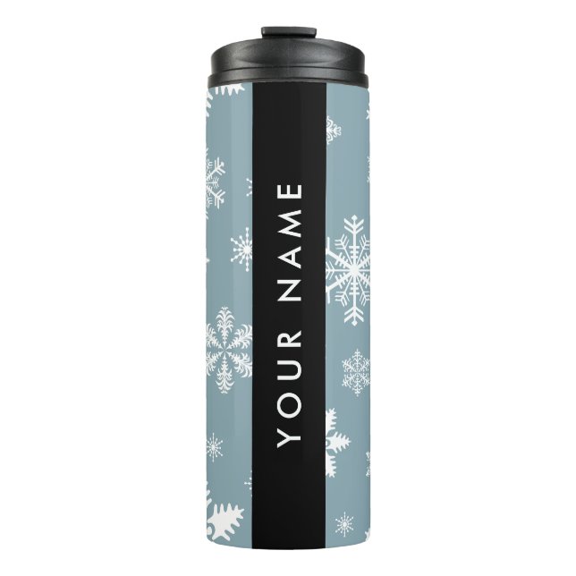 White Snowflakes, Grey, Your name, Personalise Thermal Tumbler (Front)