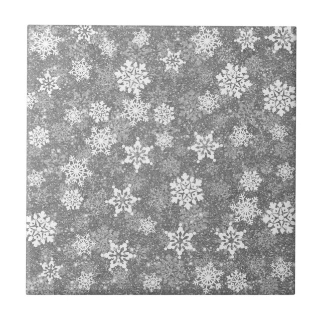 White Snowflakes Luxurious Gray Elegant Christmas Tile (Front)