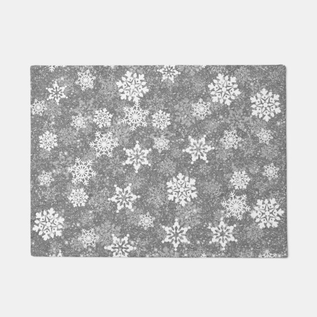 White Snowflakes Luxurious Grey Elegant Christmas Doormat (Front)