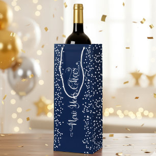 White Snowflakes Navy Blue New Year Cheer Elegant Wine Gift Bag