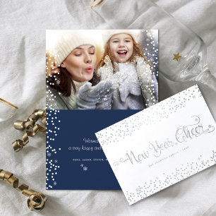 White Snowflakes New Year Cheer Quote Custom Photo Foil Card