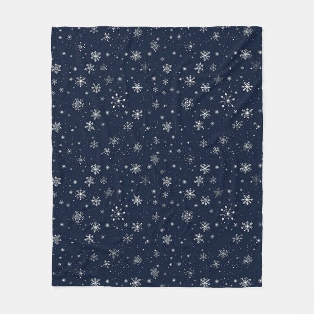 White Snowflakes on a Dark Blue Background Fleece Blanket (Front)