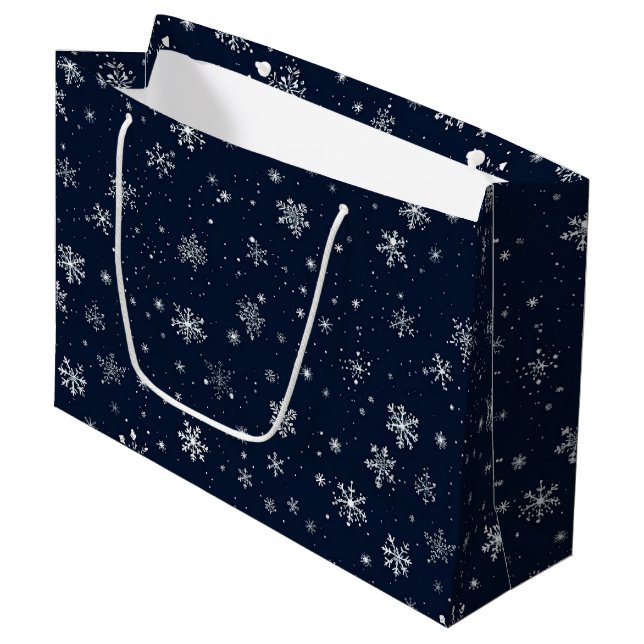 White Snowflakes on a Dark Blue Background Large Gift Bag (Front Angled)
