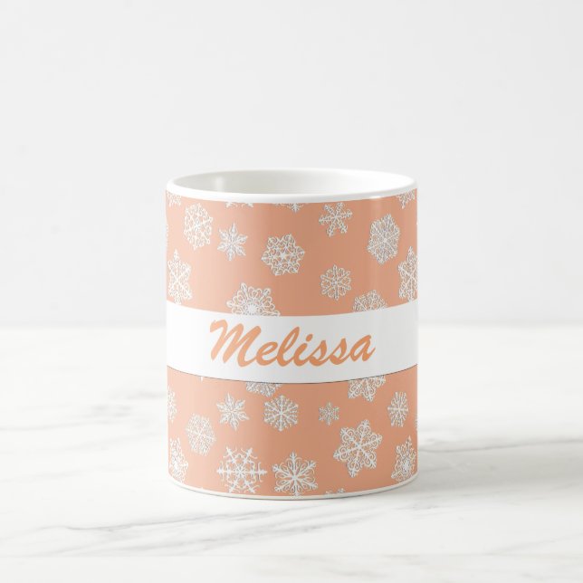 White Snowflakes on a Peach Background Coffee Mug (Center)
