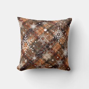 White snowflakes on an Orange-brown tartan. Cushion