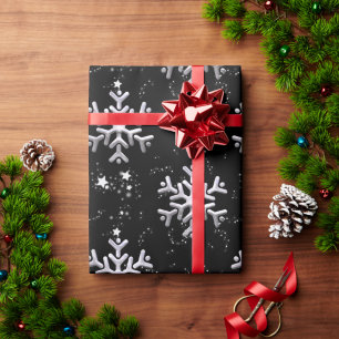 White Snowflakes on Black Christmas Wrapping Paper