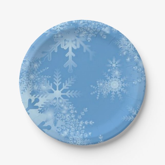 White Snowflakes on Blue Christmas Winter Party Paper Plate (Front)