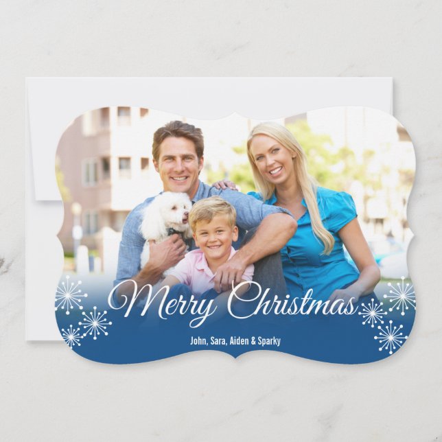 White Snowflakes on Blue Photo Christmas Greeting Holiday Card (Front)