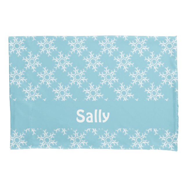 White snowflakes on blue pillowcase (Front)