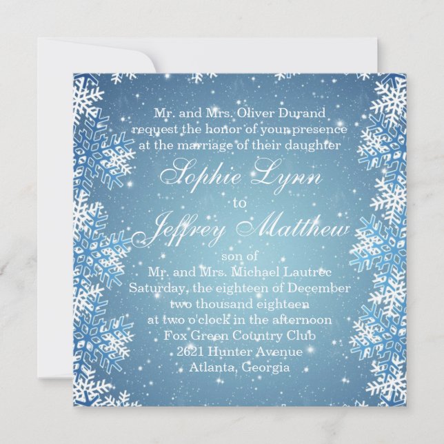 White snowflakes on blue Wedding Invitation (Front)