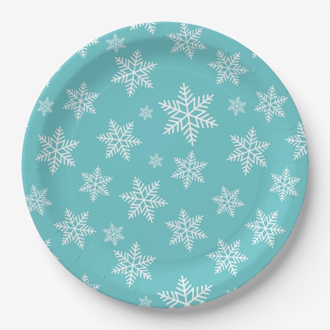 White Snowflakes on Blue Winter Pattern Paper Plate (Front)