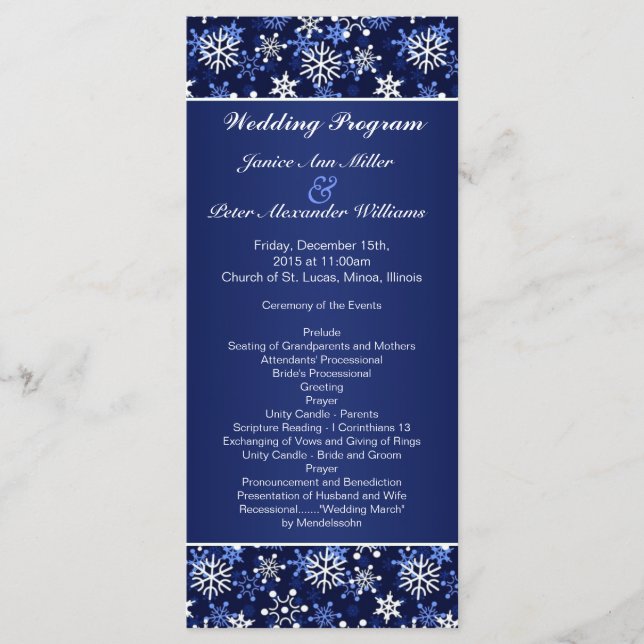 White snowflakes on dark blue Wedding program Programme (Front)