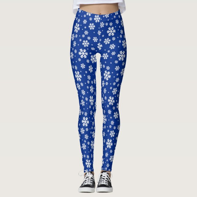 White Snowflakes on Dark Blue Winter Pattern Leggings (Front)
