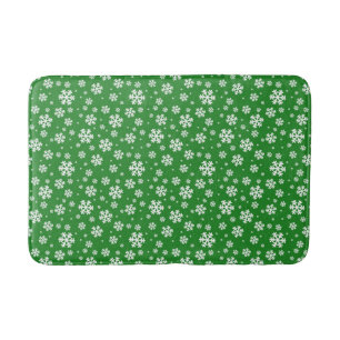 White Snowflakes on green Winter Pattern Bath Mat