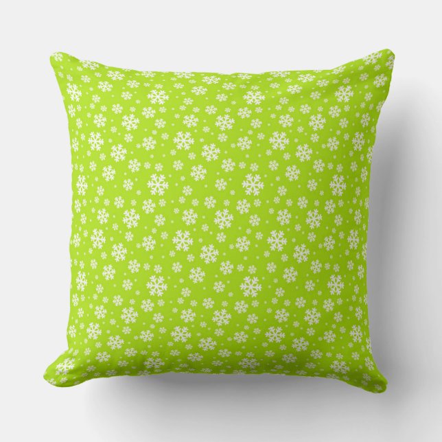 White Snowflakes on Green Winter Pattern Cushion (Front)