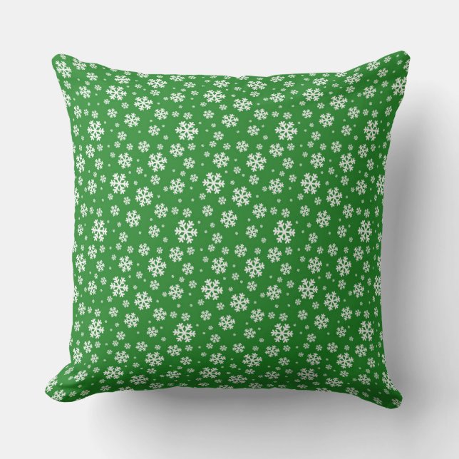 White Snowflakes on green Winter Pattern Cushion (Front)