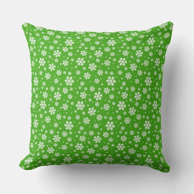 White Snowflakes on Green Winter Pattern Cushion (Front)