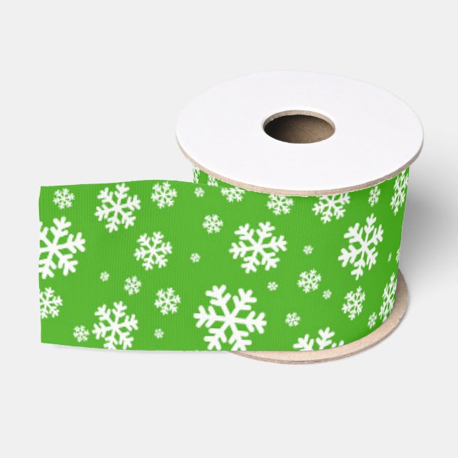 White Snowflakes on Green Winter Pattern Grosgrain Ribbon (Spool)