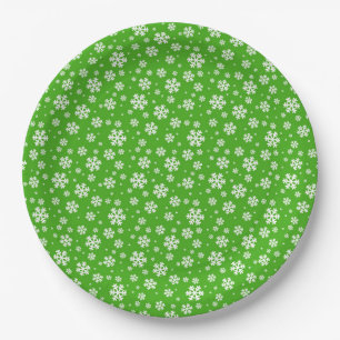 White Snowflakes on Green Winter Pattern Paper Plate