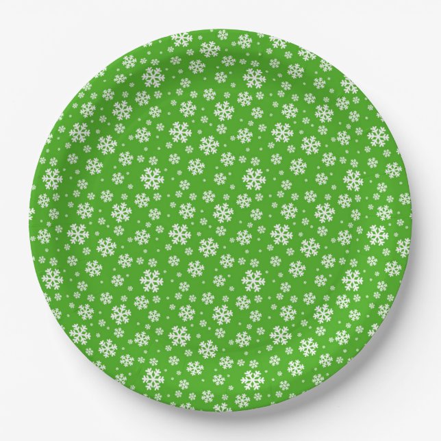 White Snowflakes on Green Winter Pattern Paper Plate (Front)