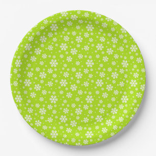 White Snowflakes on Green Winter Pattern Paper Plate