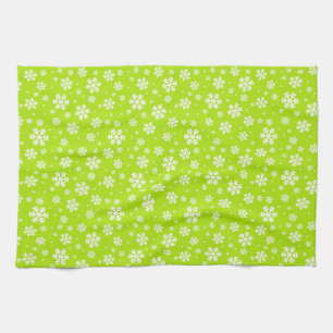 White Snowflakes on Green Winter Pattern Tea Towel
