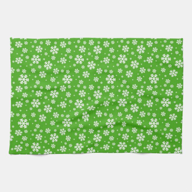 White Snowflakes on Green Winter Pattern Tea Towel (Horizontal)
